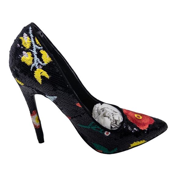 JustFab Black Sequin Red Floral Embroidered Pointed Toe Stiletto High Heels 6 - Picture 4 of 14